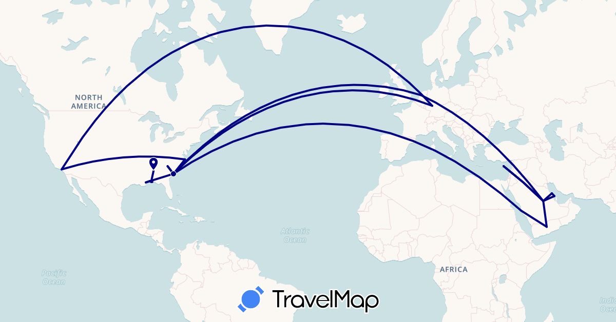 TravelMap itinerary: driving in Bahrain, Cyprus, Germany, Netherlands, Saudi Arabia, United States, Yemen (Asia, Europe, North America)